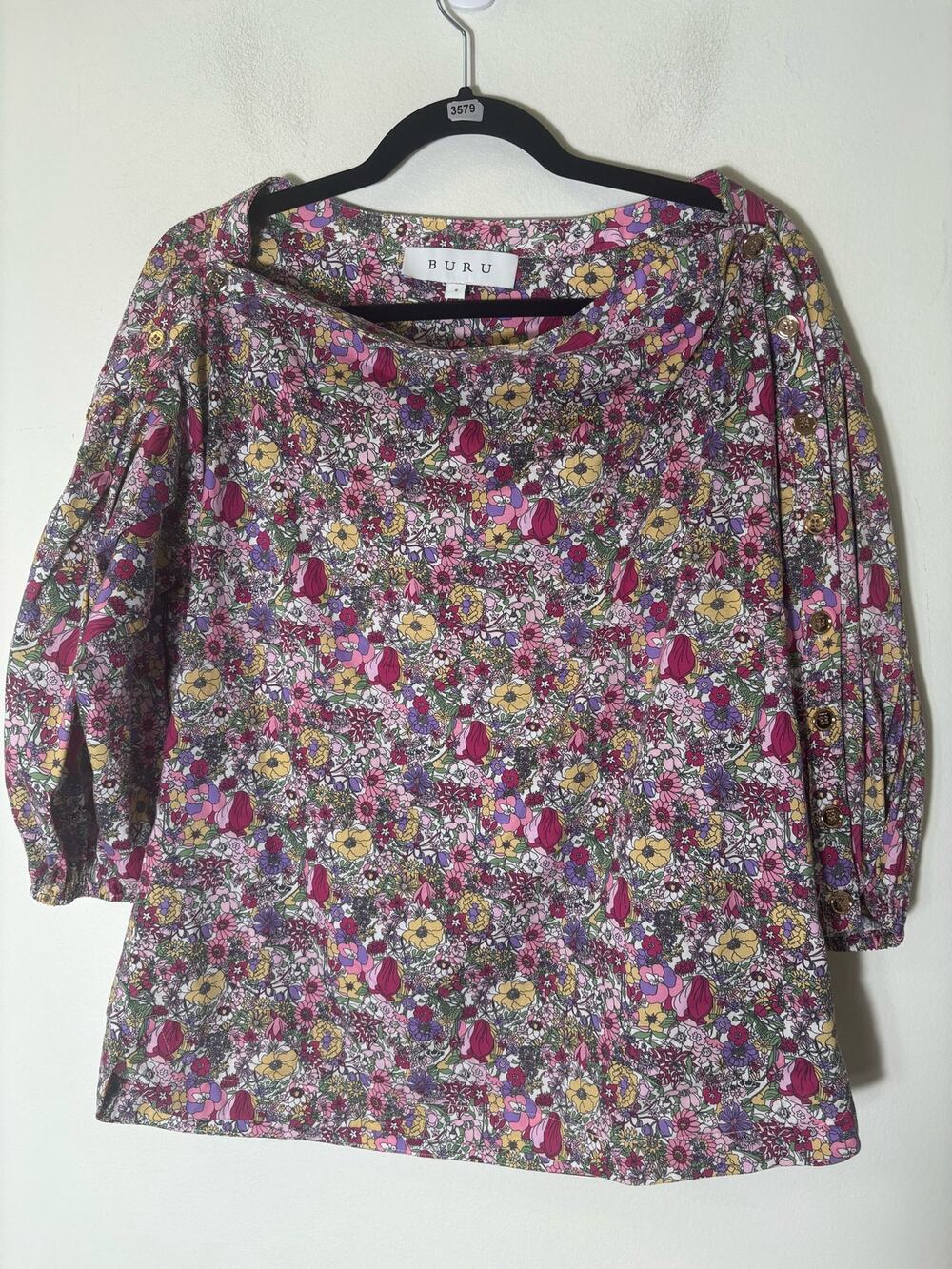 Buru Multicolor Floral Wide Neck Long Sleeve Cotton Shirt Sz S